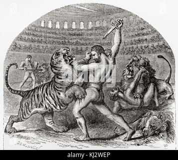 Gladiatoren kämpfen gegen wilde Tiere im antiken Rom. Von Station und Lock's illustrierte Geschichte der Welt, veröffentlicht C 1882. Stockfoto