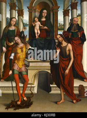 Dieses Kunstwerk von Michele di Luca dei Coltellini mit dem Titel „Madonna und Kind thront mit Heiligen“ zeigt eine religiöse Szene mit der Jungfrau Maria, dem Jesuskind und den Heiligen in einer heiligen Umgebung. Stockfoto