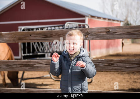 Toddler Boy an einem lokalen städtischen Farm genießen den Tag, Lächeln & Lachen Stockfoto