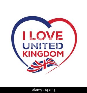 Ich liebe Vereinigte Königreich mit Umrisse des Herzens und die britische Flagge, Icon Design, auf weißem Hintergrund. Stock Vektor