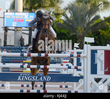 WELLINGTON, FL - MÄRZ 01: Andres Rodriguez Teilnehmer der $ 150.000 Lugano Diamanten Grand Prix. Die 2015 Winter Equestrian Festival schloss ihre achte Woche des Wettbewerbs am Sonntag mit einem für Todd Minikus (USA) und zwei Schwäne Betriebe Babalou41 in der $ 150.000 Grand Prix CSIO 4*, von Lugano Diamanten präsentiert gewinnen. Das Paar führte eine 10 Pferd springen mit einem oberen Ende drei für die Vereinigten Staaten in dieser Woche CSIO Wettbewerb. Beezie Madden (USA) und Simon wurde Zweiter, und Meagan Nusz (USA) und Dynamo den dritten Platz im Palm Beach International Equestrian Center am 1. März 2015 Stockfoto