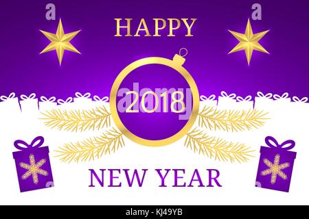 Frohes neues Jahr 2018. Vektor Banner mit Neujahrsgruß in goldenen und violetten Farbe. golden leuchtenden Stern, Spielzeug und Zweig Fichte Stock Vektor