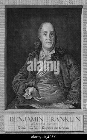 Porträt von Benjamin Franklin, von Louis Jacques Cathelin, aus Kunst von Anne Rosalie Filleul, 1779. Aus der New York Public Library. Stockfoto