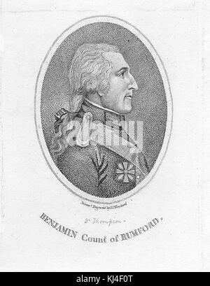 Stipple-Gravur von Benjamin Thompson, Graf von Rumford, US-amerikanischer Physiker und Erfinder, dessen Herausforderungen an die etablierte physikalische Theorie Teil der Revolution in der Thermodynamik des 19. Jahrhunderts waren, von Edward C. Trenchard, 1790. Aus der New York Public Library. Stockfoto