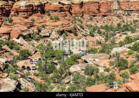 Blick auf Elephant Hill Parkplatz, Needles District, Canyonlands Stockfoto