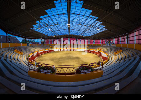 In der Abenddämmerung, ein Blick in das Innere der vor Kurzem renovierten Pomarez Arena (40360) (Landes (40), Nouvelle-Aquitaine, Frankreich). Stockfoto