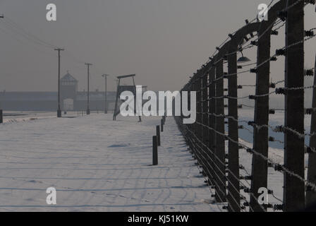 Konzentrationslager Auschwitz - fenceline und Guard Hütten verblassen in der Abstand zur Veranschaulichung der große Umfang der Ort Stockfoto