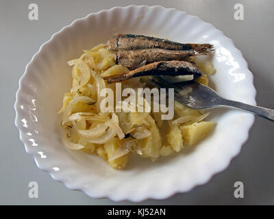 Essen aus der Dose geräucherte Sprotten in Öl mit gekochten Kartoffeln und Zwiebeln Nahaufnahme Stockfoto