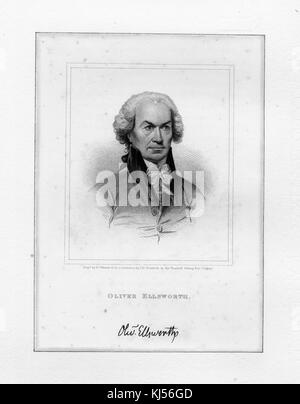 Graviert Portrait von Oliver Ellsworth, US-amerikanischer Rechtsanwalt und Politiker, eine revolutionäre gegen die britische Herrschaft, ein Verfasser der Verfassung der Vereinigten Staaten, United States Senator von Connecticut und dem dritten Vorsitzenden des Obersten Gerichtshofes, seine Unterschrift an der Unterseite, 1802 von der New York Public Library. Stockfoto