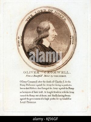 Gravur des Porträts von Oliver Cromwell, dem englischen Militär- und politischen Führer und späteren Lord Protector of the Commonwealth of England, Schottland und Irland, aus einer Medaille von Thomas Simon, englischer Medaillengewinner, der um 1635 eine Stelle in Verbindung mit der Royal Mint, 1880 erhielt. Aus der New York Public Library. Stockfoto