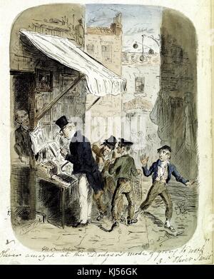 Original Aquarell Illustration mit dem Titel "Oliver Stauned at the Dodger's Mode of going to work, The Last Chance", von Kindern auf einer Stadtstraße, ein Erwachsener an einem Zeitungsstand, gezeichnet für das Buch Oliver Twist des Künstlers George Cruikshank, 1838. Aus der New York Public Library. Stockfoto