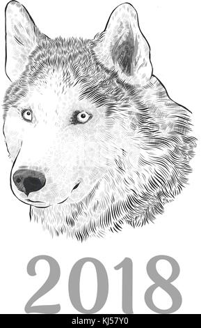 Neues Jahr herzlichen Glückwunsch Karte 2018. Husky dog portrait. Gravur monochrome Handzeichnung Bild auf weißem Hintergrund. Stock Vektor