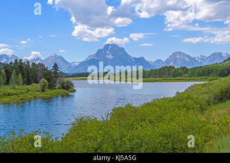 Mt Moran in der Grand Tetons eine der Oxbow Bend des Snake River, Grand Teton National Park, Wyoming Stockfoto