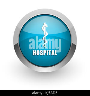 Krankenhaus blau Silber Metallic Chrom Rand Web und Handy Symbol auf weißem Hintergrund mit Schatten Stockfoto