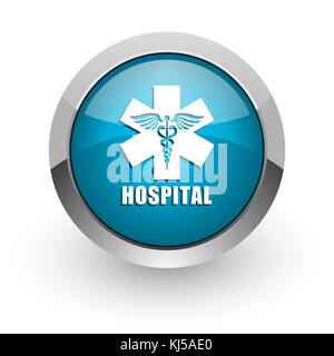 Krankenhaus blau Silber Metallic Chrom Rand Web und Handy Symbol auf weißem Hintergrund mit Schatten Stockfoto