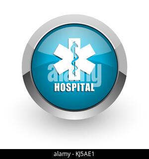 Krankenhaus blau Silber Metallic Chrom Rand Web und Handy Symbol auf weißem Hintergrund mit Schatten Stockfoto