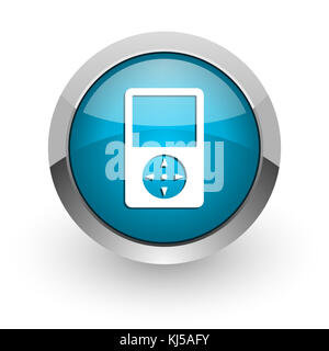 Multimedia-Player mit blauem silbernem Chrom-Rand im Web und Mobiltelefon-Symbol auf weißem Hintergrund mit Schatten Stockfoto