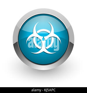 Biohazard blau Silber Metallic Chrom Rand Web und Mobiltelefon Symbol auf weißem Hintergrund mit Schatten Stockfoto