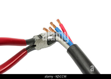 Elektrische Kabel und Seitenschneider mit weißem Hintergrund Stockfoto