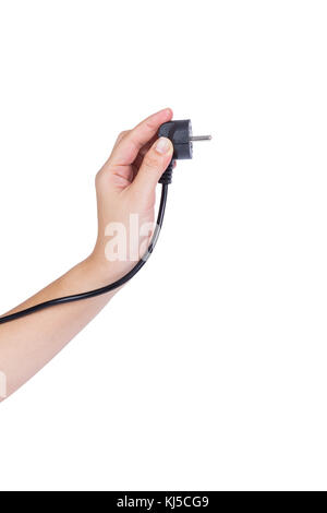 Hand mit Netzstecker auf weißem Hintergrund Stockfoto