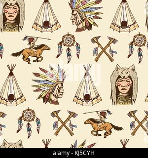 Indische oder Native American. nahtlose Muster. Achsen und Zelt, Traumfänger und Cherokee, Tomahawk. graviert Vintage, Hand gezeichnet, alt, Etiketten und Abzeichen. Stock Vektor