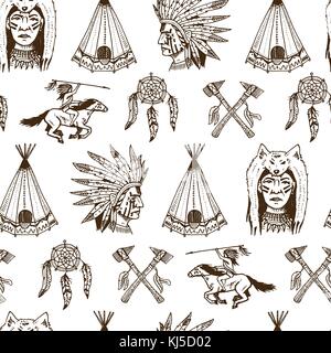 Indische oder Native American. nahtlose Muster. Achsen und Zelt, Traumfänger und Cherokee, Tomahawk. graviert Vintage, Hand gezeichnet, alt, Etiketten und Abzeichen. Stock Vektor