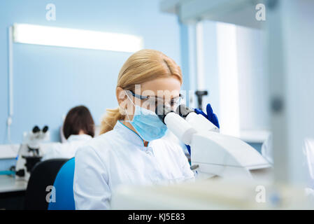 Ernsthafte junge Forscher im Mikroskop im Labor auf der Suche Stockfoto