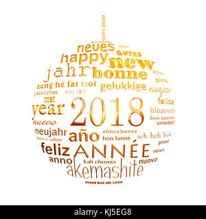 2018 Neues Jahr mehrsprachiger Text word cloud Grußkarte in der Form eines Golden christmas Ball auf weißem Hintergrund Stockfoto