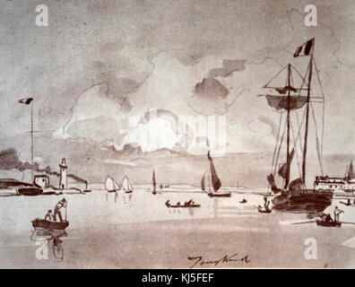 Gemälde mit dem Titel "die Ausfahrt aus dem Hafen von Le Havre' von Johan Barthold Jongkind (1819-1891) niederländischer Maler und Graphiker. Vom 19. Jahrhundert Stockfoto