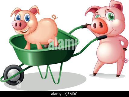 Abbildung: Die zwei Schweine mit einem grünen Warenkorb auf weißem Hintergrund Stock Vektor