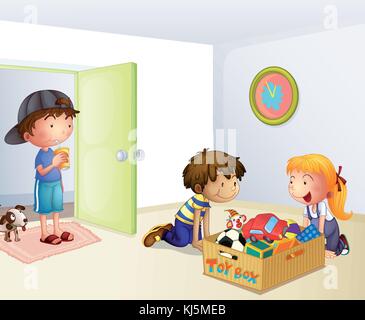 Abbildung der drei Kinder im Haus mit einem Kasten von Spielzeug Stock Vektor