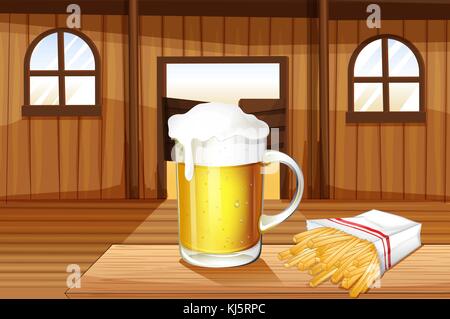 Abbildung einer Tasse kaltes Bier und Pommes Frites im Saloon Bar Stock Vektor