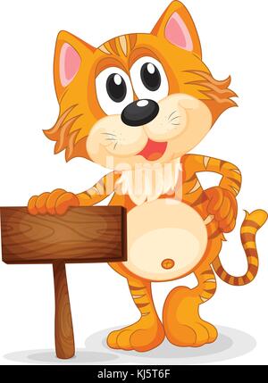 Abbildung: Eine hölzerne signage neben einem jungen Tiger auf weißem Hintergrund Stock Vektor