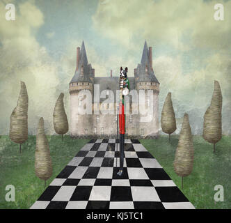 Fantasy surreal Abbildung in einem verträumten Ort mit einer Burg, Bäume, Schach, Himmel, Gras mit einer seltsamen Zeichen Stockfoto