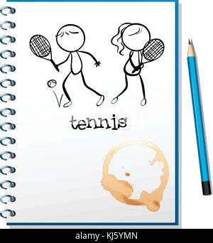 Abbildung: ein Notebook mit einer Skizze von einem Jungen und einem Mädchen Tennis auf weißem Hintergrund Stock Vektor