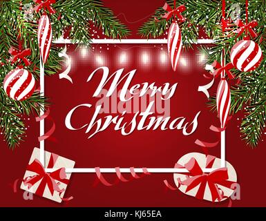 Neues Jahr s Weihnachten. Flyer, Visitenkarten, Karten und Girlanden. gestreifte Bälle, Geschenke und Eiszapfen. grüne Zweige eines Baumes. Stock Vektor