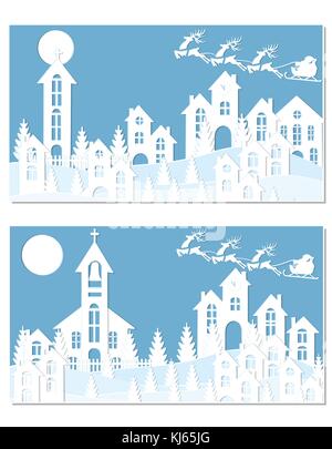 Neues Jahr Weihnachten. ein Bild von Santa Claus und Hirsche. Schnee, Mond, Bäume, Häuser, Kirche, zwei Landschaften aus weißem Papier geschnitten werden. Abbildung Stock Vektor