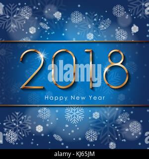 2018 Frohes neues Jahr text Design mit Schneeflocken. Vektor gruss Abbildung mit goldenen Ziffern auf blauem Hintergrund Stock Vektor