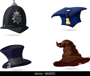 Design Sammlung von Englisch Kopfbedeckungen. Traditionelle Helm des Metropolitan Britische Polizisten. Blaue Graduierung Kappe mit gold Quaste. Der schwarze Hut eines Gentleman. Hexenhut für Halloween. Vector Illustration. Stock Vektor