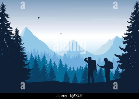 Vector Illustration einer Berglandschaft mit einem Wald und zwei Touristen, Mann und Frau, mit Rucksäcken seine Hand zeigen und schauen in die Distanc Stock Vektor