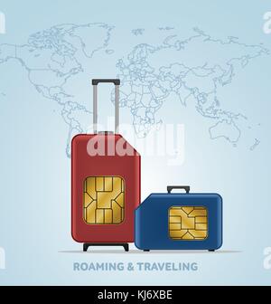 Travel sim-Vector Illustration auf Blau radialer Farbverlauf Hintergrund. Roaming. Gepäck. Weltkarte. Stock Vektor