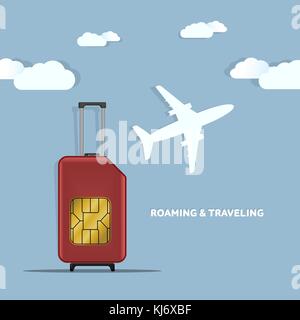 Travel sim-Vector Illustration auf Blau radialer Farbverlauf Hintergrund. Roaming. Gepäck. Weltkarte. Stock Vektor