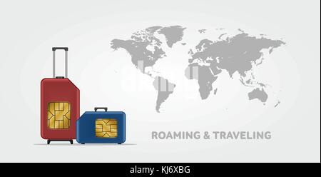 Travel sim-Vector Illustration auf Blau radialer Farbverlauf Hintergrund. Roaming. Gepäck. Weltkarte. Stock Vektor