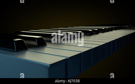 Klaviertastatur auf dem dunklen Hintergrund scheint durch Orange und Blau kunst Leuchten isoliert. glänzend Nahaufnahme Detail. Stockfoto