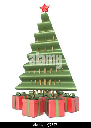 Abstrakte Weihnachtsbaum und Geschenke unter 3D-Render Abbildung auf weißem Hintergrund Stockfoto