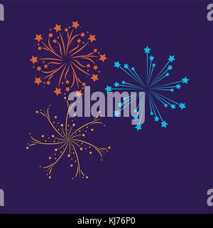 Feuerwerk platzen in glühenden multi Farben auf lila Hintergrund Stock Vektor