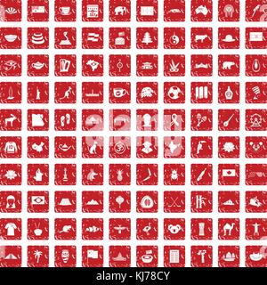 100 Wahrzeichen Icons Set grunge Rot Stock Vektor