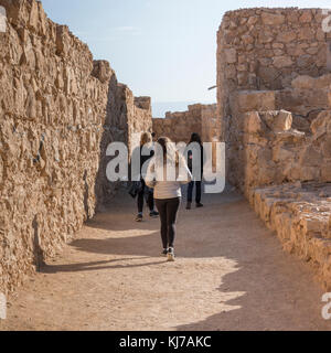 Touristen zu Fuß am Fort, masada, judäische Wüste, Totes Meer, Israel Stockfoto