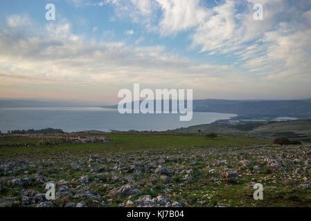 Sonnenaufgang über dem See Genezareth, Vered Hagalil, Galiläa, Israel Stockfoto