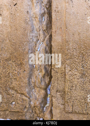 Zettel mit Gebeten in den Rissen der Westlichen Mauer, der Altstadt, Jerusalem, Israel Stockfoto